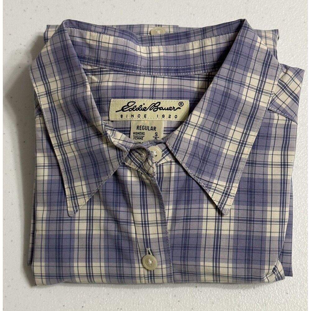 Eddie Bauer Blue Plaid Button Up Long Sleeve Shirt Cotton Med / Oversized‎ Small